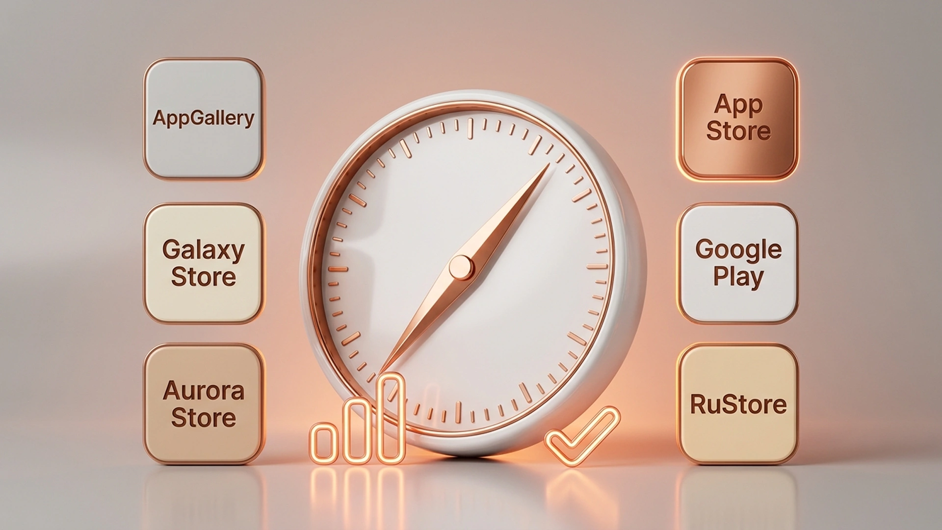Карта сторов по платформам: App Store для iOS, Google Play, RuStore, AppGallery, Galaxy Store для Android