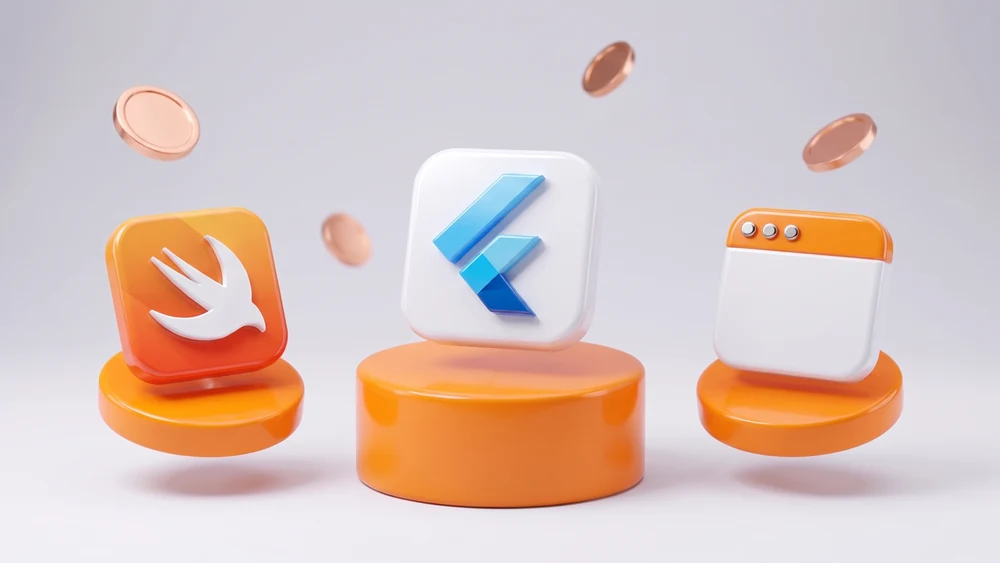 Три подхода к приложению для iOS: плашки с эмблемами Swift и Flutter и окно браузера для веб-приложения