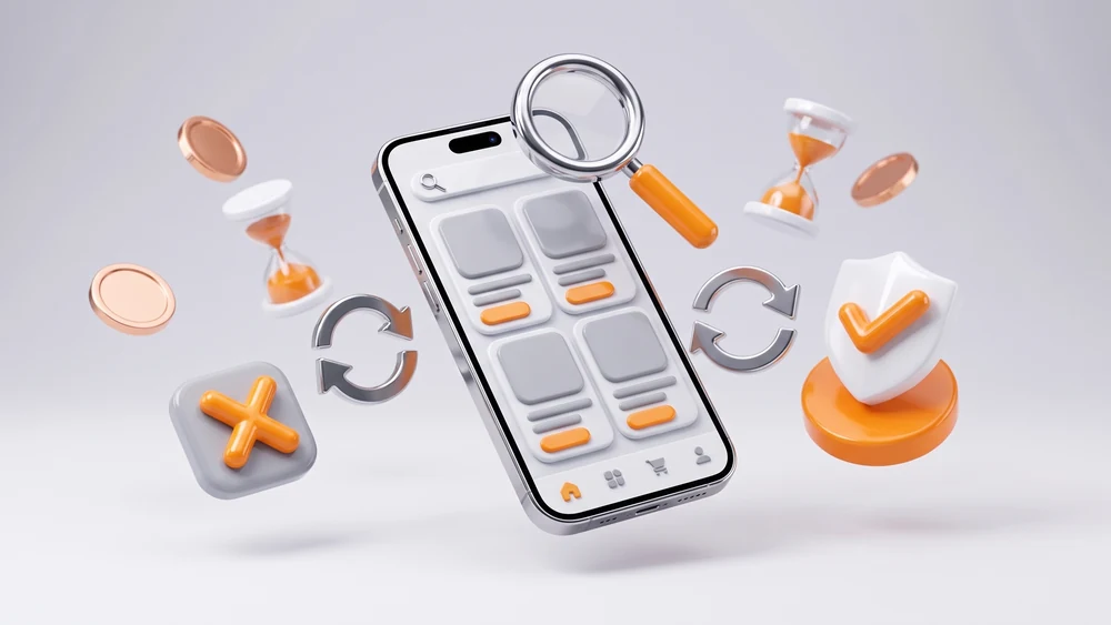 Проверка приложения Apple: лупа над смартфоном, щит с галочкой, отметка об отказе, стрелки повторной отправки и песочные часы