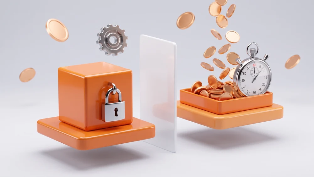 Fixed Price и Time and Materials: запечатанный куб с замком против открытого лотка с монетами и секундомером