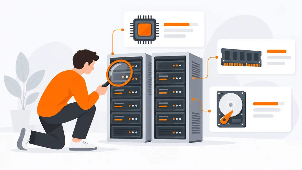 Инженер проверяет процессор, оперативную память и диск VPS