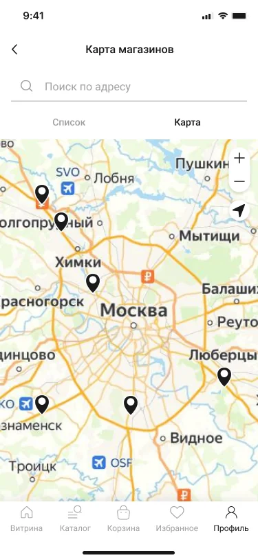 Карта магазинов в приложении CLIMBER B.C.