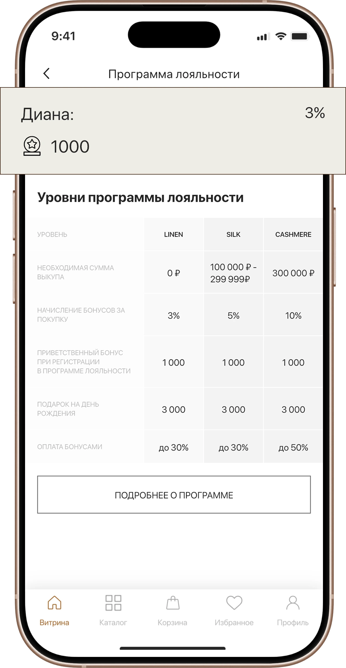 Экран приложения LUSIO: программа лояльности со статусами и таблицей привилегий