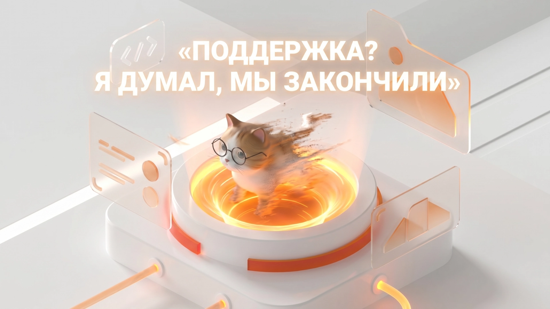 Кот в очках исчезает в портале после релиза — мем «Поддержка? Я думал, мы закончили» про фрилансера без поддержки и студию мобильной разработки полного цикла из Воронежа