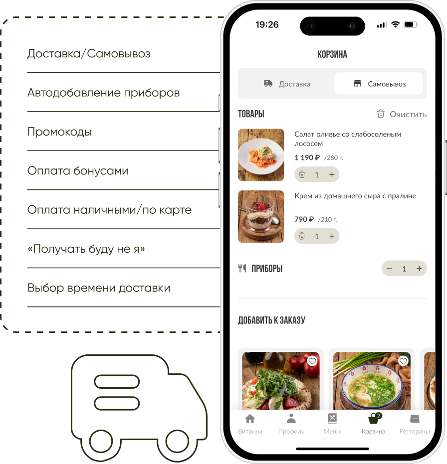 Мобильное приложение для доставки еды на платформе FITTIN: меню доставки, расчёт стоимости по зонам, отслеживание заказа